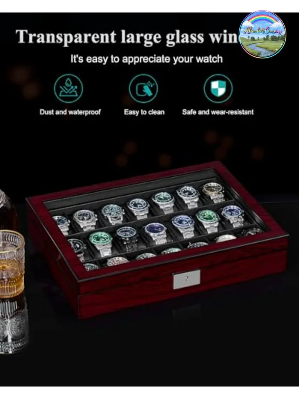 21 Slot Watch Case Box Organizer with Glass Lid Lockable PU Leather